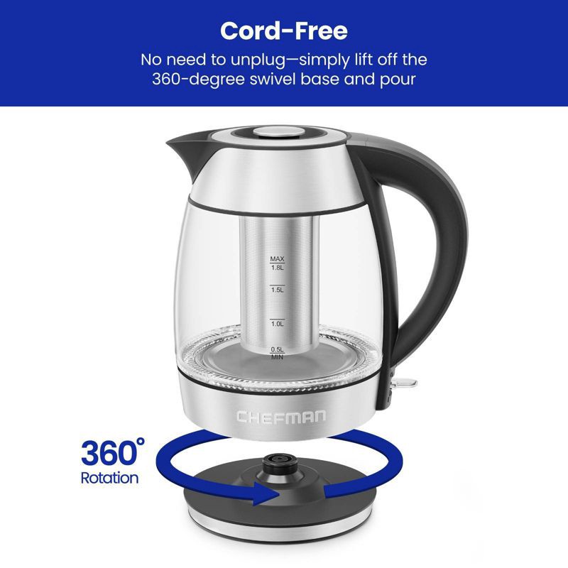 slide 8 of 9, Chefman 1.8L Rapid-Boil Kettle with Keep Warm and Tea Infuser - Stainless Steel: Electric Water Boiler, 1500W, Silver, 1.8 liter