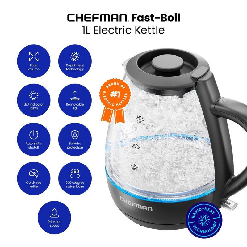 slide 2 of 7, Chefman 1L Rapid-Boil Kettle with Automatic Shutoff - Black: Glass Electric Water Boiler & Warmer, 1500W Tea Heater, 1 liter