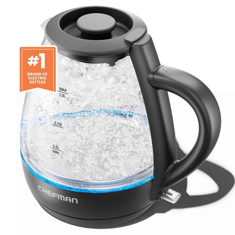 slide 1 of 7, Chefman 1L Rapid-Boil Kettle with Automatic Shutoff - Black: Glass Electric Water Boiler & Warmer, 1500W Tea Heater, 1 liter