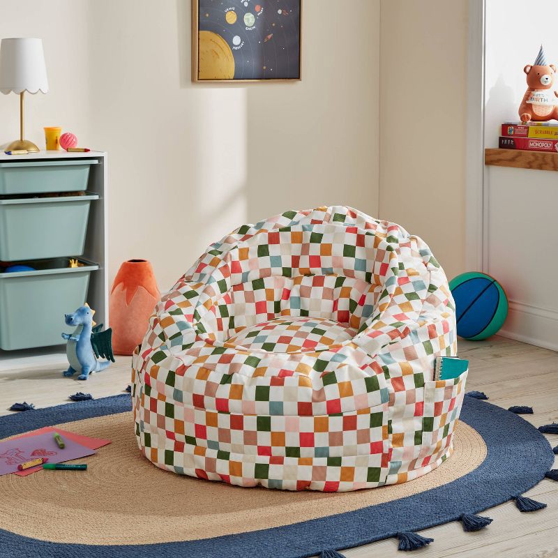 slide 2 of 5, Settle in Kids' Bean Bag Checkered - Pillowfort™: Multicolored, Double-Stitched, Pocket, Handle, Indoor Use, Ages 3-9, 1 ct