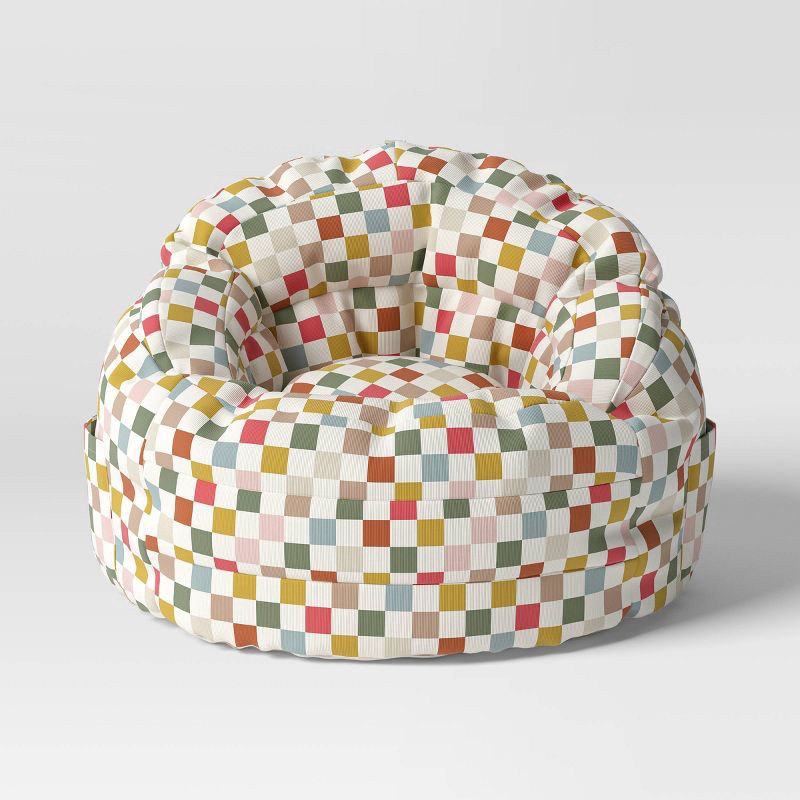 slide 3 of 5, Settle in Kids' Bean Bag Checkered - Pillowfort™: Multicolored, Double-Stitched, Pocket, Handle, Indoor Use, Ages 3-9, 1 ct