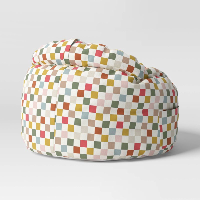 slide 4 of 5, Settle in Kids' Bean Bag Checkered - Pillowfort™: Multicolored, Double-Stitched, Pocket, Handle, Indoor Use, Ages 3-9, 1 ct