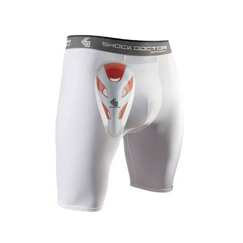 slide 1 of 3, Shock Doctor Compression Shorts with Protective Cups Adult M - White, 1 ct