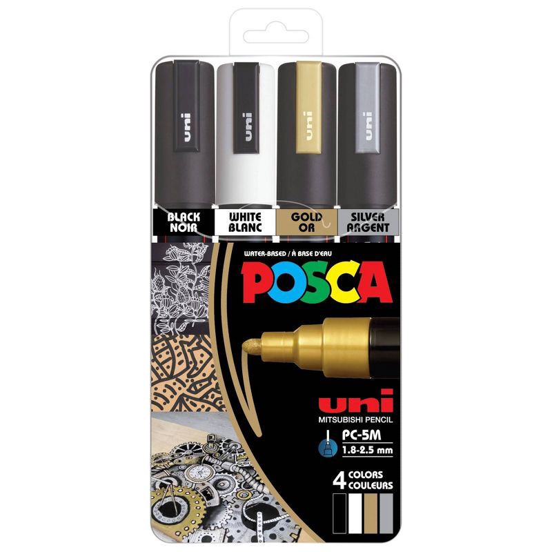slide 1 of 8, uniball POSCA PC-5M Water Based Paint Markers in Metallic Colors - Medium Tip (1.8-2.5mm) - 4 Pack: Paint Pens Acrylic, 4 ct