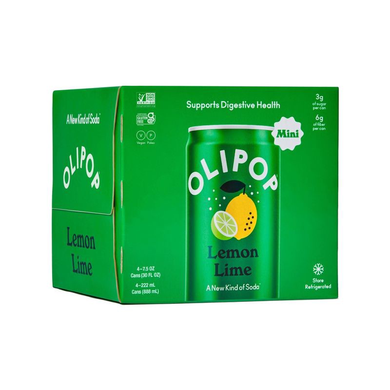 slide 1 of 10, OLIPOP Lemon Lime Prebiotic Soda - 4ct/7.5 fl oz Mini Cans, 4 ct; 7.5 fl oz