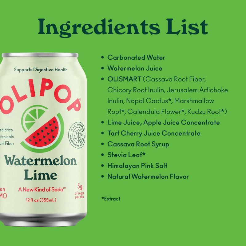 slide 6 of 7, OLIPOP Watermelon Lime Prebiotic Soda - 12 fl oz Can, 12 fl oz