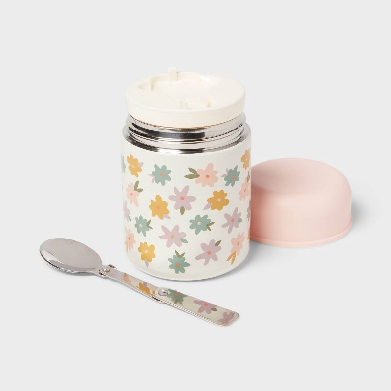 slide 3 of 4, Kids' 10oz Flowers Double Wall Vacuum Stainless Steel Food Jar Pink with Stainless Steel Spoon - Pillowfort™, 10 oz