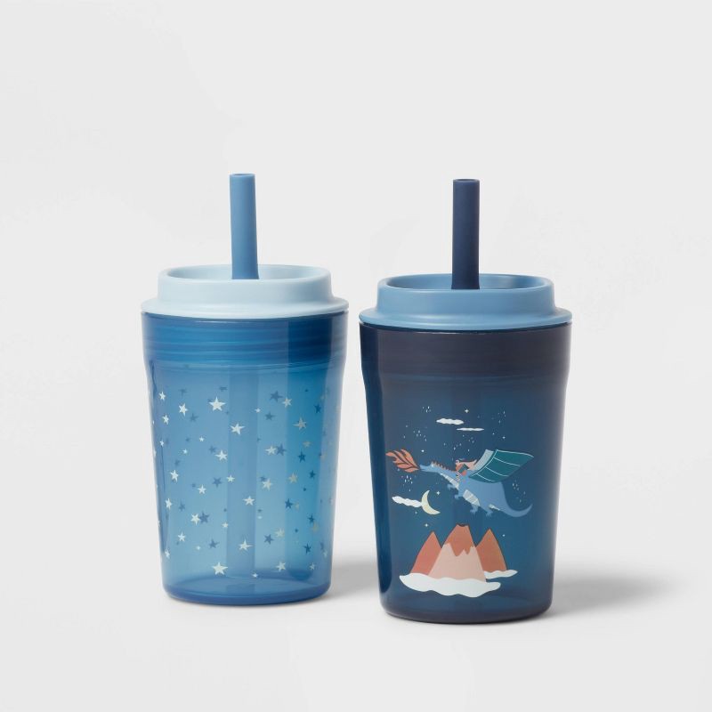 slide 1 of 3, Kids' 14oz 2pk Dragon Single Wall Recycled Straw Tumblers Blue - Pillowfort™: Toddler Cups, Dishwasher-Safe, 2 ct; 14 oz