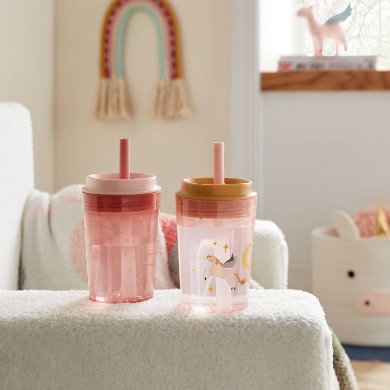 slide 2 of 3, Kids' 14oz 2pk Unicorn Single Wall Recycled Straw Tumblers Pink - Pillowfort™: Toddler Straw Cup, Dishwasher-Safe, 2 ct; 14 oz