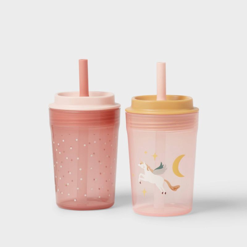 slide 1 of 3, Kids' 14oz 2pk Unicorn Single Wall Recycled Straw Tumblers Pink - Pillowfort™: Toddler Straw Cup, Dishwasher-Safe, 2 ct; 14 oz