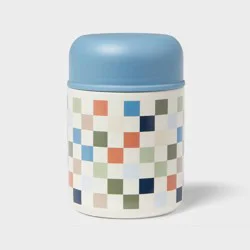 Kids' 10oz Checkered Double Wall Vacuum Stainless Steel Food Jar Blue with Stainless Steel Spoon - Pillowfort™