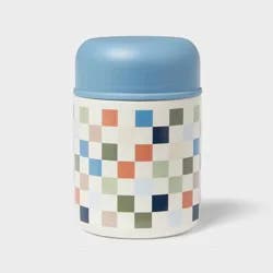 Kids' 10oz Checkered Double Wall Vacuum Stainless Steel Food Jar Blue with Stainless Steel Spoon - Pillowfort™