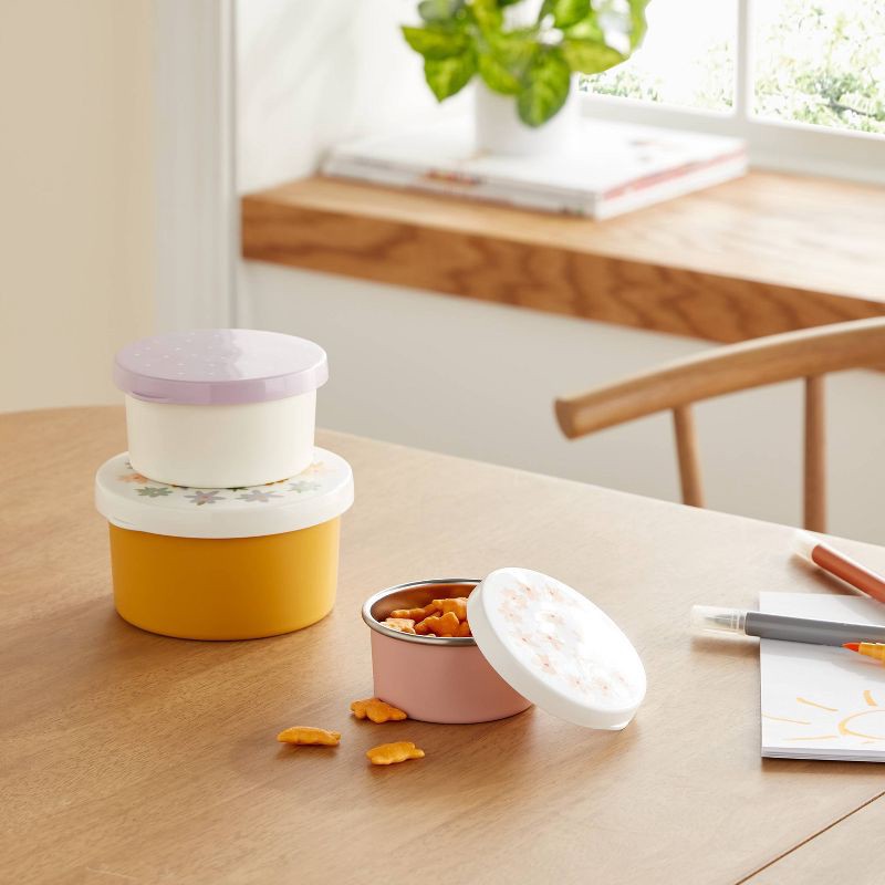 slide 2 of 3, Kids' 3pk Flowers Single Wall Stainless Steel Round Snack boxes Pink - Pillowfort™, 3 ct