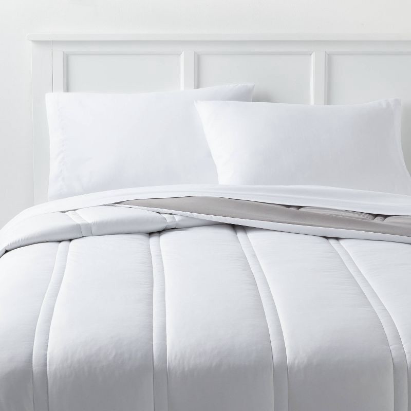 slide 1 of 4, Full/Queen Lofty Microfiber Comforter White - Room Essentials™: Midweight, Plain Weave, Machine Washable, OEKO-TEX Certified, 1 ct