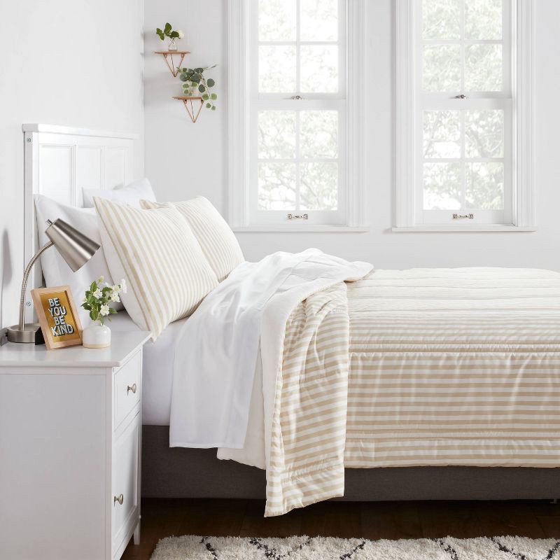 slide 2 of 4, Twin/Twin Extra Long Lofty Microfiber Printed Comforter Khaki/White Striped - Room Essentials™: Year-Round, Teen-Friendly, OEKO-TEX Certified, 1 ct