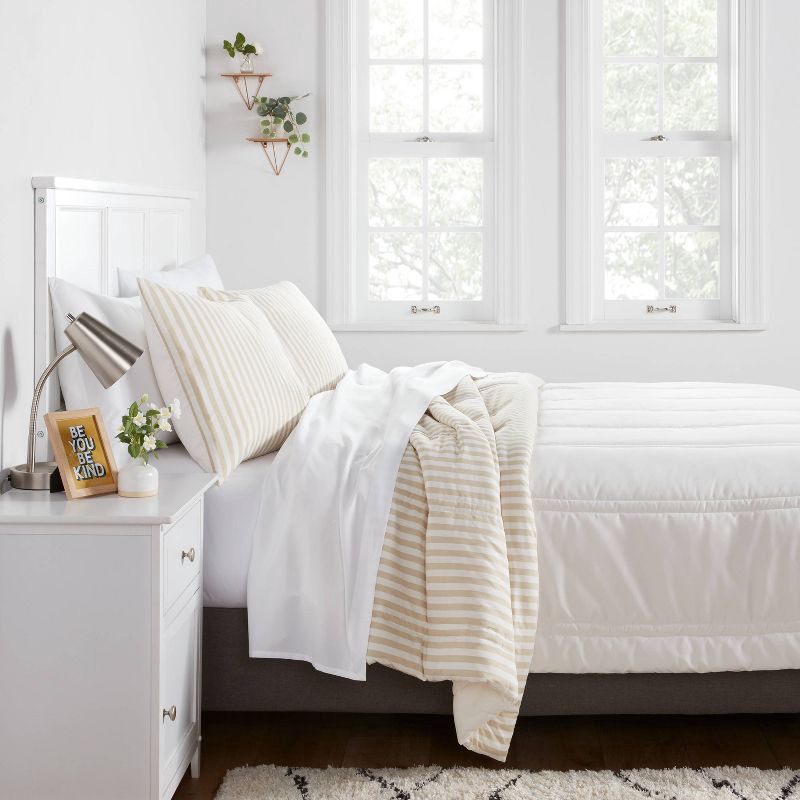 slide 3 of 4, Twin/Twin Extra Long Lofty Microfiber Printed Comforter Khaki/White Striped - Room Essentials™: Year-Round, Teen-Friendly, OEKO-TEX Certified, 1 ct