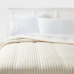 Twin/Twin Extra Long Lofty Microfiber Printed Comforter Khaki/White Striped - Room Essentials™: Year-Round, Teen-Friendly, OEKO-TEX Certified