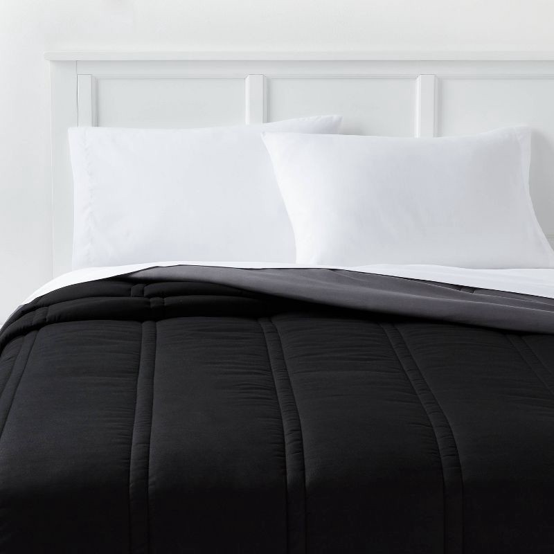 slide 1 of 4, Twin/Twin Extra Long Lofty Microfiber Comforter Black - Room Essentials™: Midweight, Plain Weave, Machine Washable, 1 ct