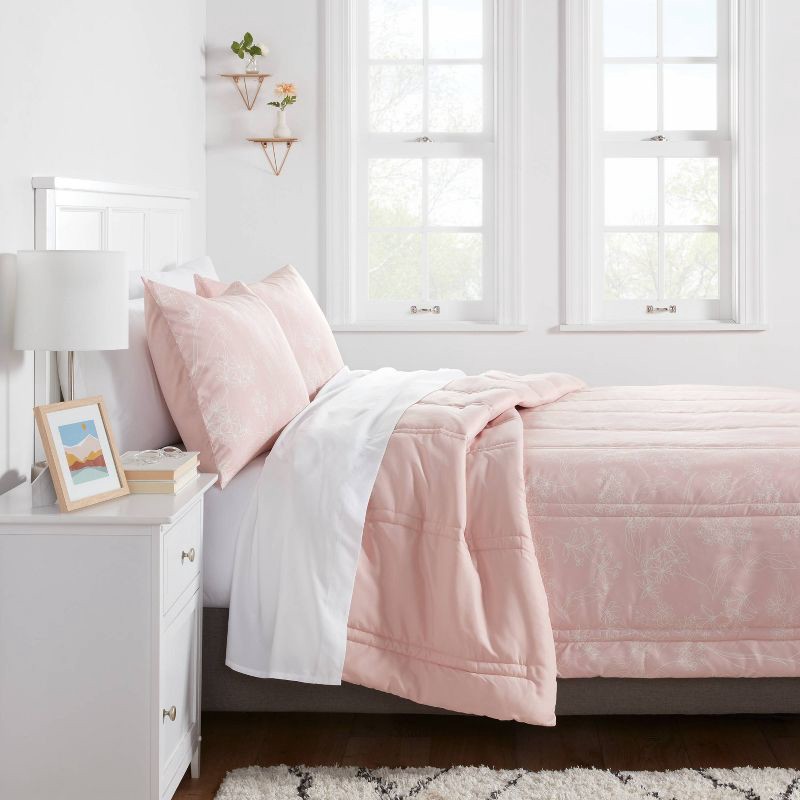 slide 2 of 4, Full/Queen Lofty Microfiber Printed Comforter Light Pink/White Floral - Room Essentials™: Year-Round Bedding, Channel Quilting, 1 ct