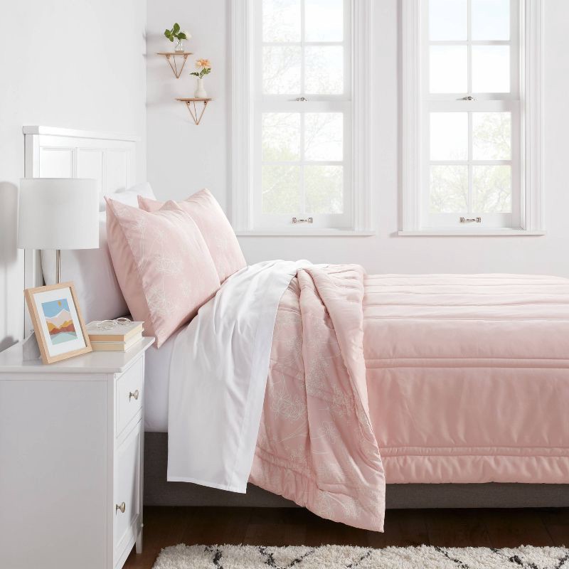 slide 3 of 4, Full/Queen Lofty Microfiber Printed Comforter Light Pink/White Floral - Room Essentials™: Year-Round Bedding, Channel Quilting, 1 ct