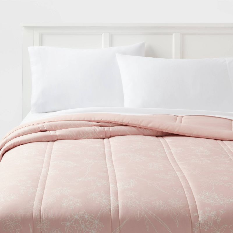 slide 1 of 4, Full/Queen Lofty Microfiber Printed Comforter Light Pink/White Floral - Room Essentials™: Year-Round Bedding, Channel Quilting, 1 ct