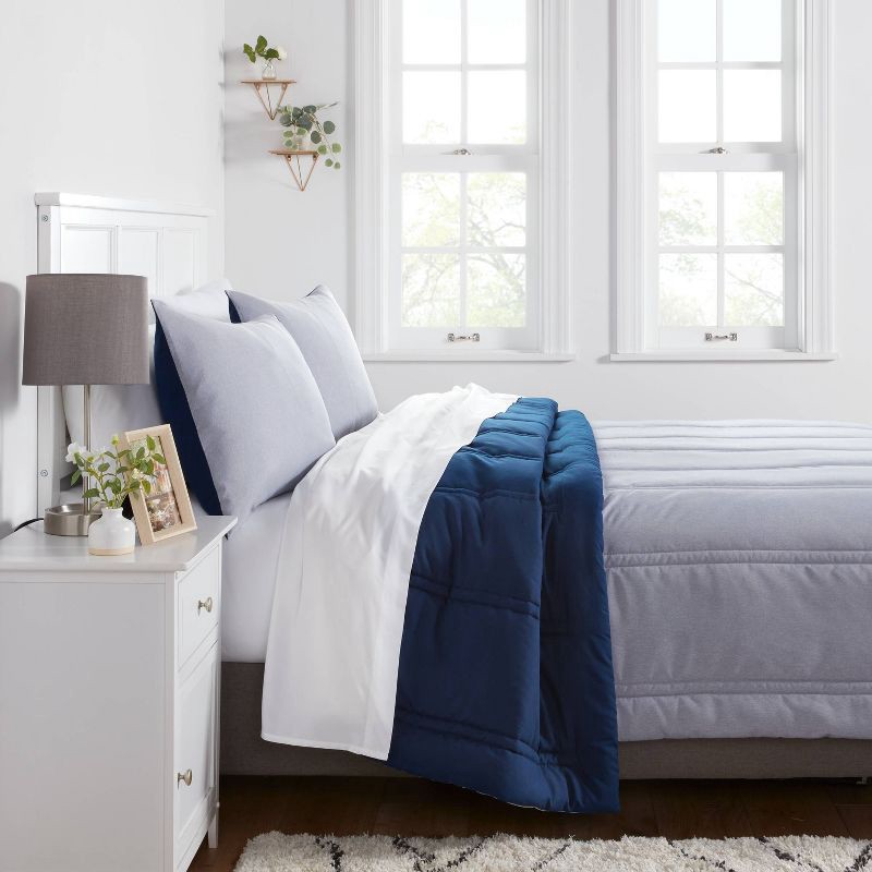 slide 2 of 4, Full/Queen Lofty Microfiber Comforter Dark Blue Denim Heather - Room Essentials™, 1 ct