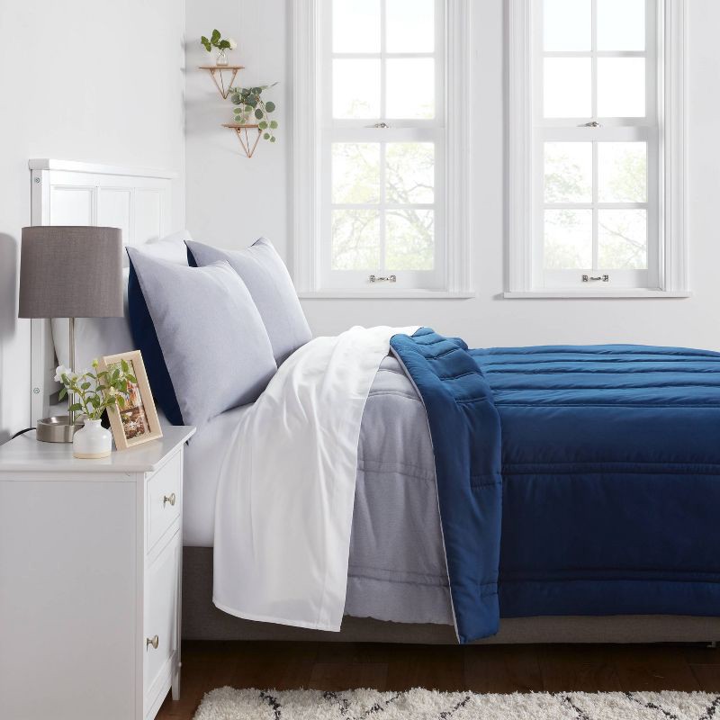 slide 3 of 4, Full/Queen Lofty Microfiber Comforter Dark Blue Denim Heather - Room Essentials™, 1 ct