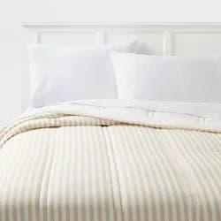 Full/Queen Lofty Microfiber Printed Comforter Khaki/White Striped - Room Essentials™: Year-Round Bedding, Teen-Friendly, OEKO-TEX Certified