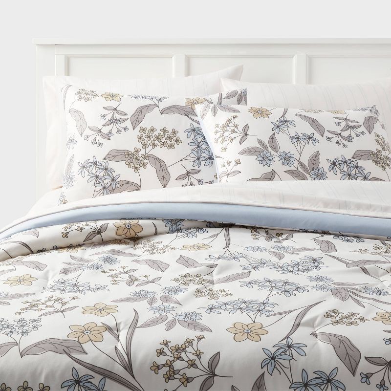 slide 1 of 7, Full/Queen Printed Comforter Set Ivory/Light Blue/Honey Yellow - Room Essentials™: Botanical Pattern, 7-Piece Bedding Set, 1 ct