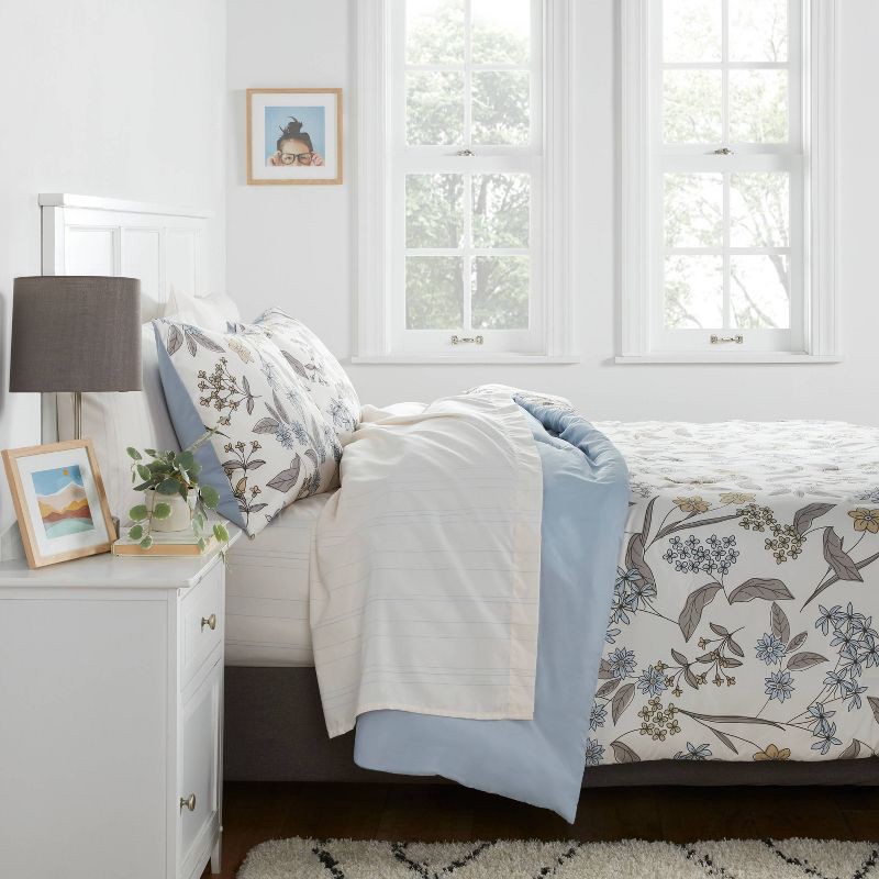 slide 2 of 7, Twin/Twin Extra Long Printed Comforter Set Ivory/Light Blue/Honey Yellow - Room Essentials™: Botanical Pattern, OEKO-TEX Certified, 1 ct