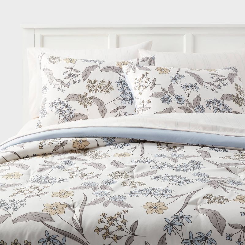 slide 1 of 7, Twin/Twin Extra Long Printed Comforter Set Ivory/Light Blue/Honey Yellow - Room Essentials™: Botanical Pattern, OEKO-TEX Certified, 1 ct