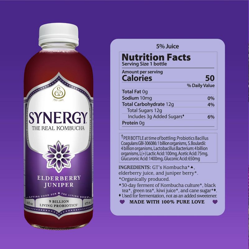 slide 4 of 6, GT's Synergy Elderberry Juniper Organic Raw Kombucha – 16 fl oz, 16 fl oz