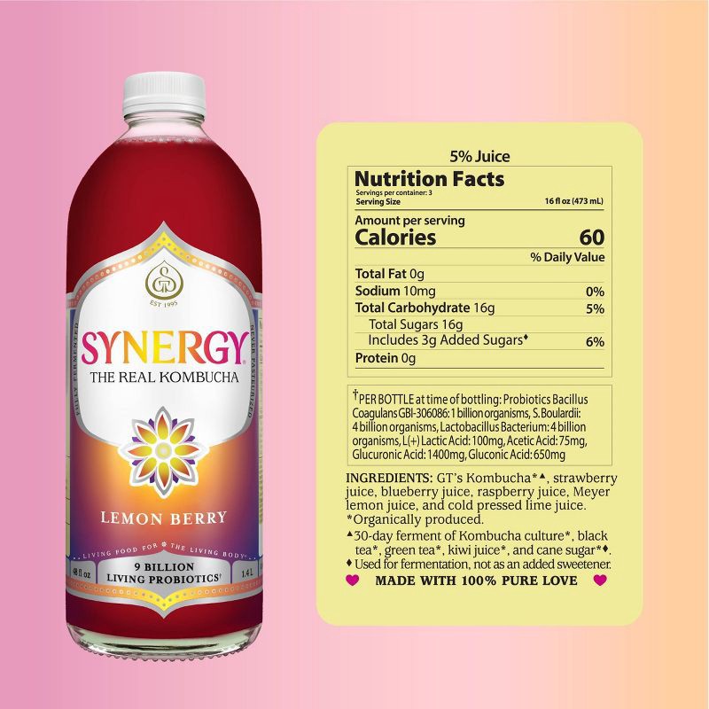 slide 6 of 9, GT's Synergy The Real Kombucha, Lemon Berry - 48oz, 48 oz