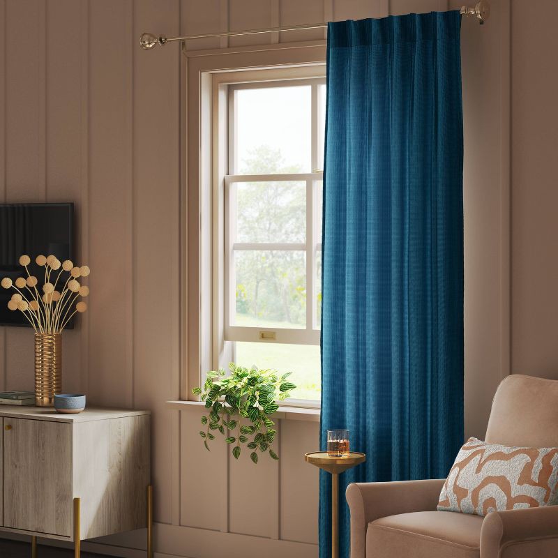 slide 2 of 6, 34"x84" Light Filtering Pebble Satin Curtain Panel with Pinch Pleat Constellation Blue - Threshold™: Luxury Woven Decor, 1 ct