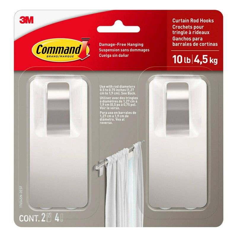 slide 1 of 5, 2pk Command Window Hooks Satin Nickel: Curtain Holdbacks & Tiebacks, Satin Finish, Plastic, 6.75" Height, 2 Pieces, 2 ct