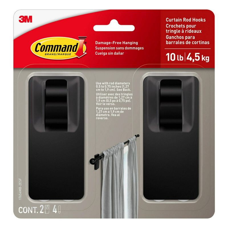 slide 1 of 5, 2pk Command Window Hooks Black: Plastic Curtain Holdbacks & Tiebacks, Brushed Finish, 6.75" Height, 2 Pieces, 2 ct