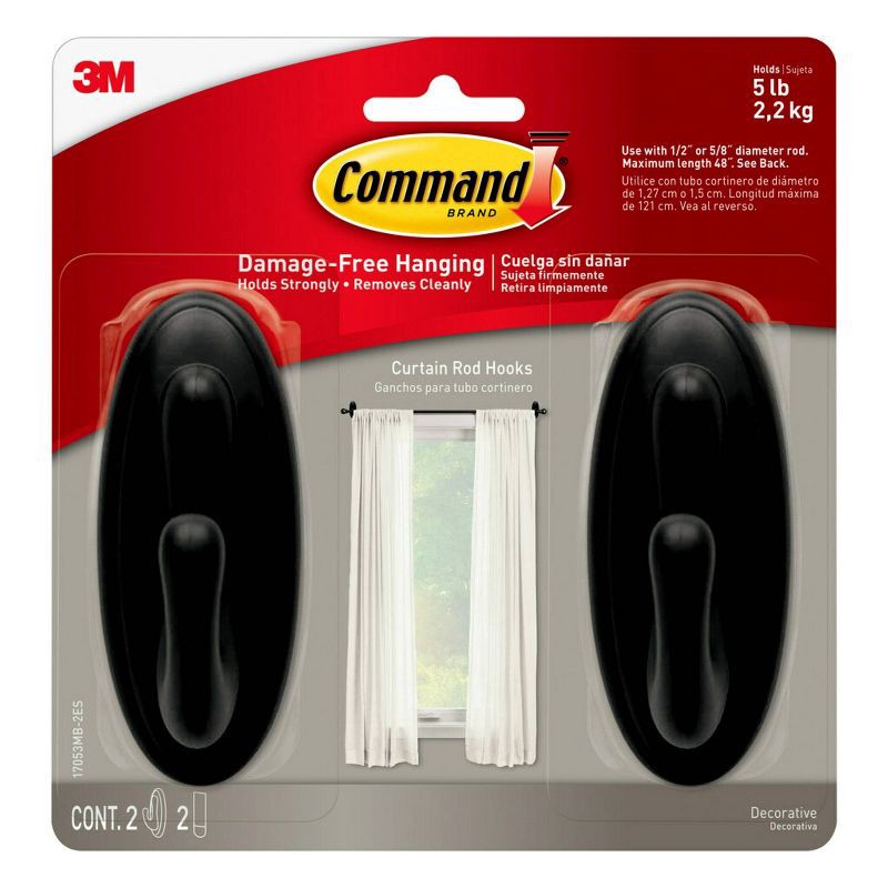 slide 1 of 4, 2pk Command Curtain Rod Hooks Black: No Drill Curtain Rod Brackets, Plastic, 5lb Capacity, Support Brackets, 2ct, 2 ct, 5 lb, 2 ct