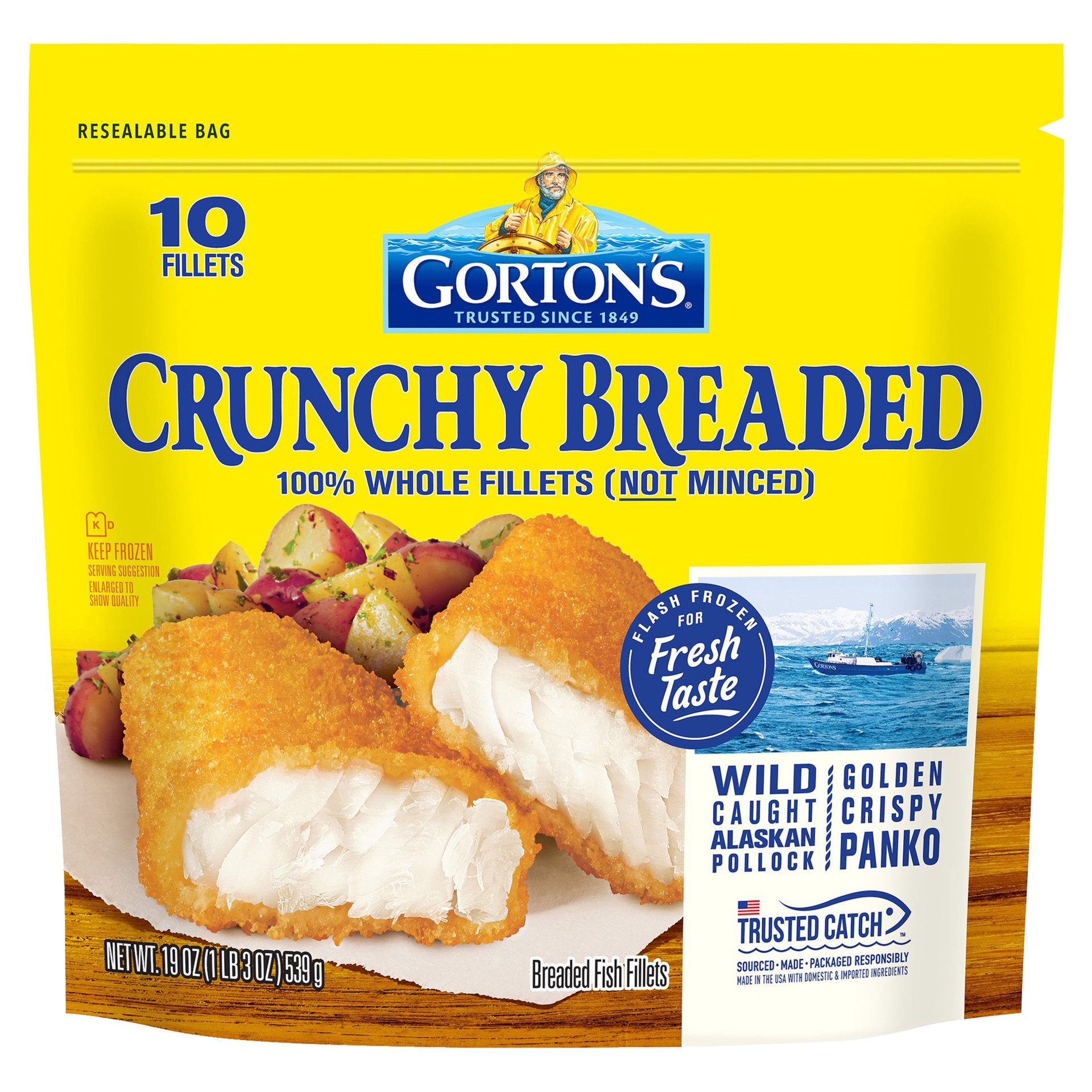 slide 4 of 10, Gorton's Crunchy Breaded Fish 100% Whole Fillets, Wild Caught Alaskan Pollock with Crunchy Panko Breadcrumbs, Frozen, 10 Count, 19 Ounce Resealable Bag, 10 ct