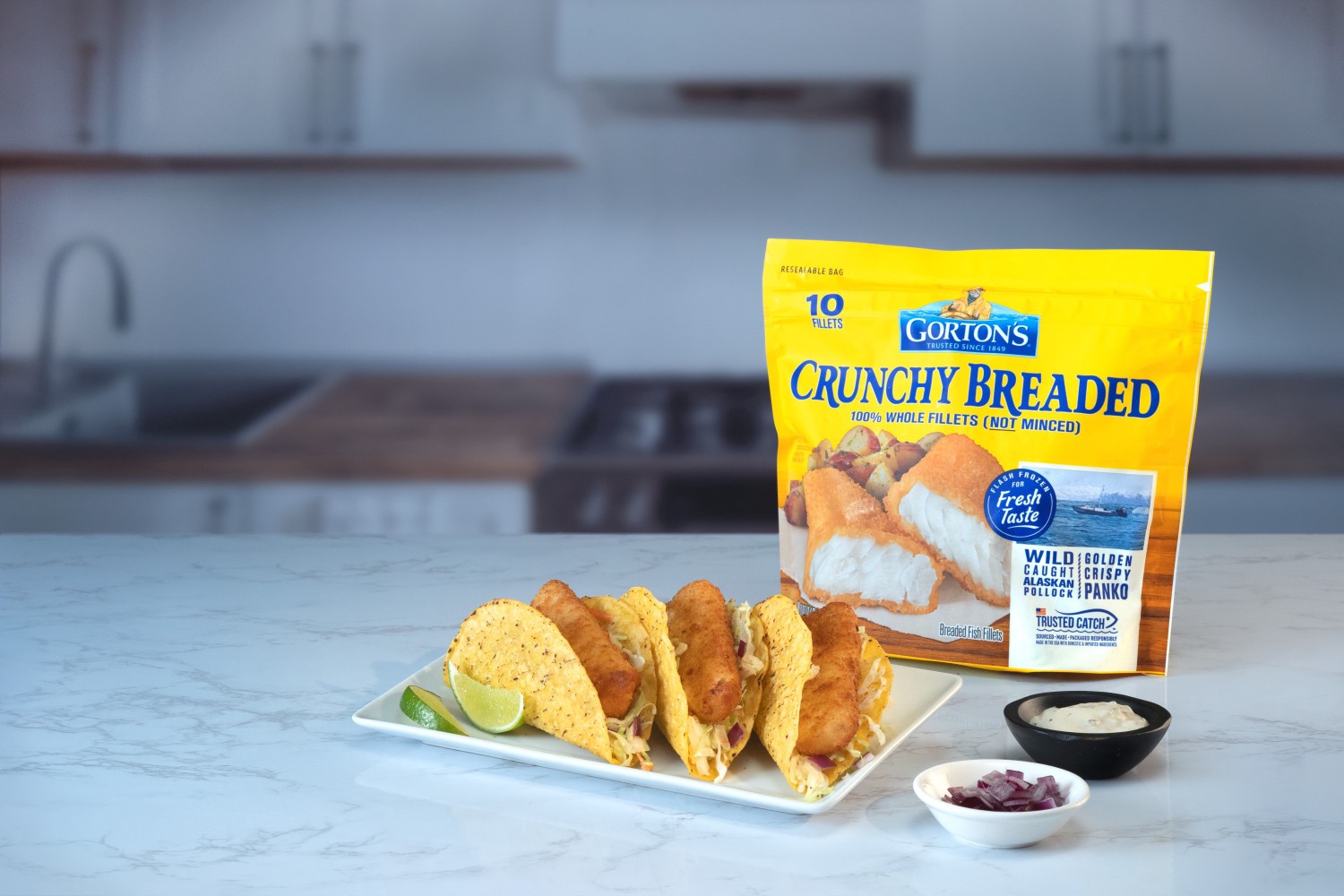 slide 8 of 10, Gorton's Crunchy Breaded Fish 100% Whole Fillets, Wild Caught Alaskan Pollock with Crunchy Panko Breadcrumbs, Frozen, 10 Count, 19 Ounce Resealable Bag, 10 ct