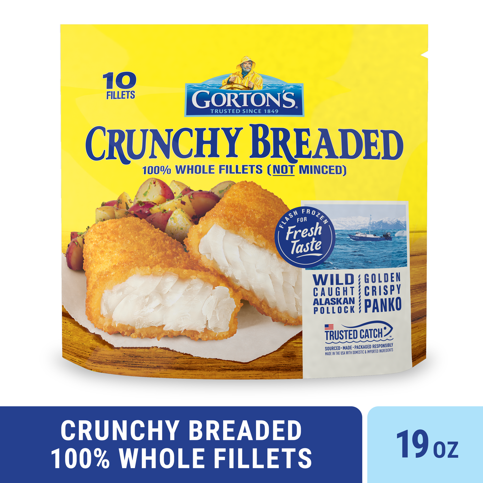 slide 1 of 10, Gorton's Crunchy Breaded Fish 100% Whole Fillets, Wild Caught Alaskan Pollock with Crunchy Panko Breadcrumbs, Frozen, 10 Count, 19 Ounce Resealable Bag, 10 ct