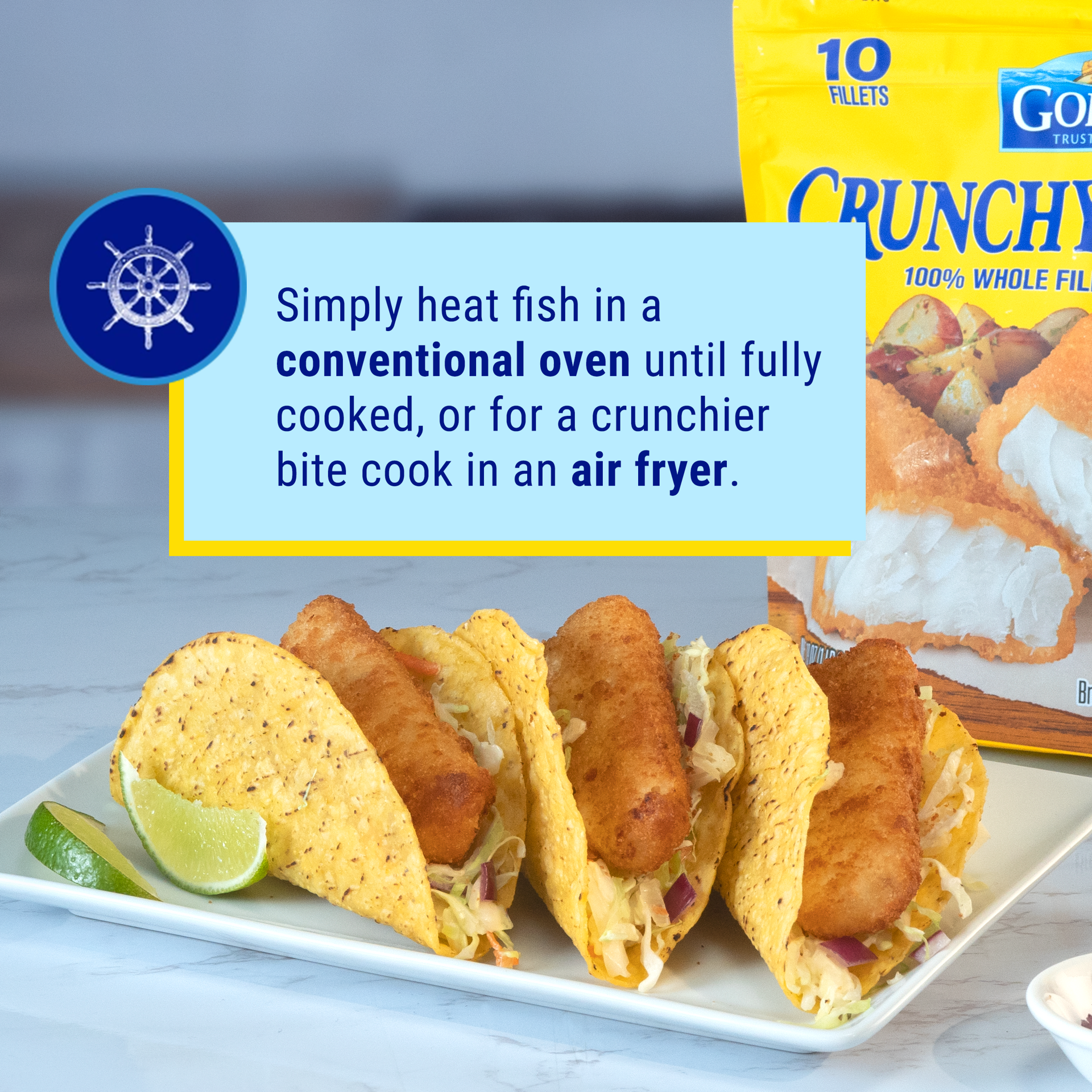 slide 9 of 10, Gorton's Crunchy Breaded Fish 100% Whole Fillets, Wild Caught Alaskan Pollock with Crunchy Panko Breadcrumbs, Frozen, 10 Count, 19 Ounce Resealable Bag, 10 ct