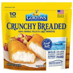 Gorton's Crunchy Breaded Fish 100% Whole Fillets (Not Minced), Wild Caught Alaskan Pollock with Crunchy Panko Breadcrumbs, Frozen, 10 Count, 19 oz Resealable Bag