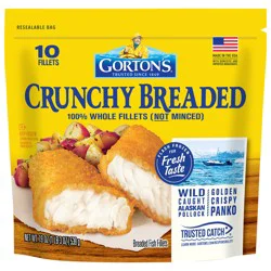 Gorton's Crunchy Breaded Fish 100% Whole Fillets (Not Minced), Wild Caught Alaskan Pollock with Crunchy Panko Breadcrumbs, Frozen, 10 Count, 19 oz Resealable Bag
