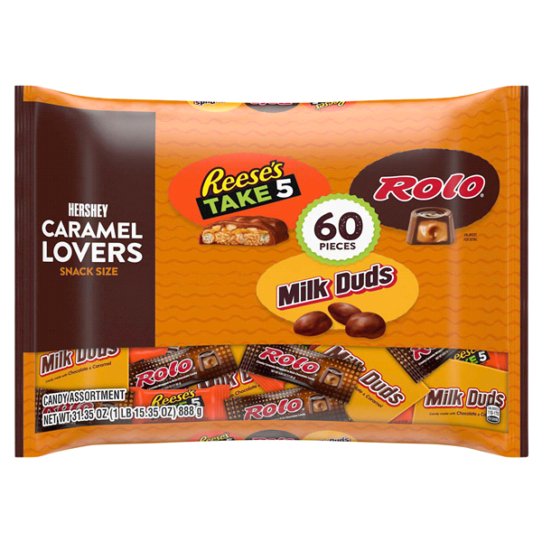 slide 1 of 1, Hershey's Reese's, Rolo & Milk Duds Chocolate Caramel Snack Size Halloween, 60 ct