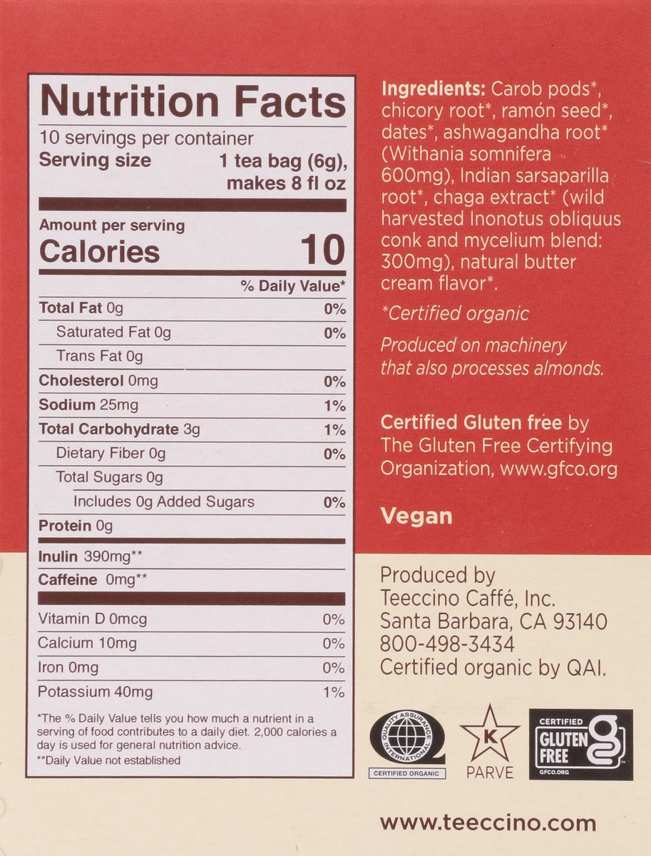 slide 2 of 13, Teeccino Tea Bags Chaga Ashwagandha Herbal Tea 10 ea, 10 ct