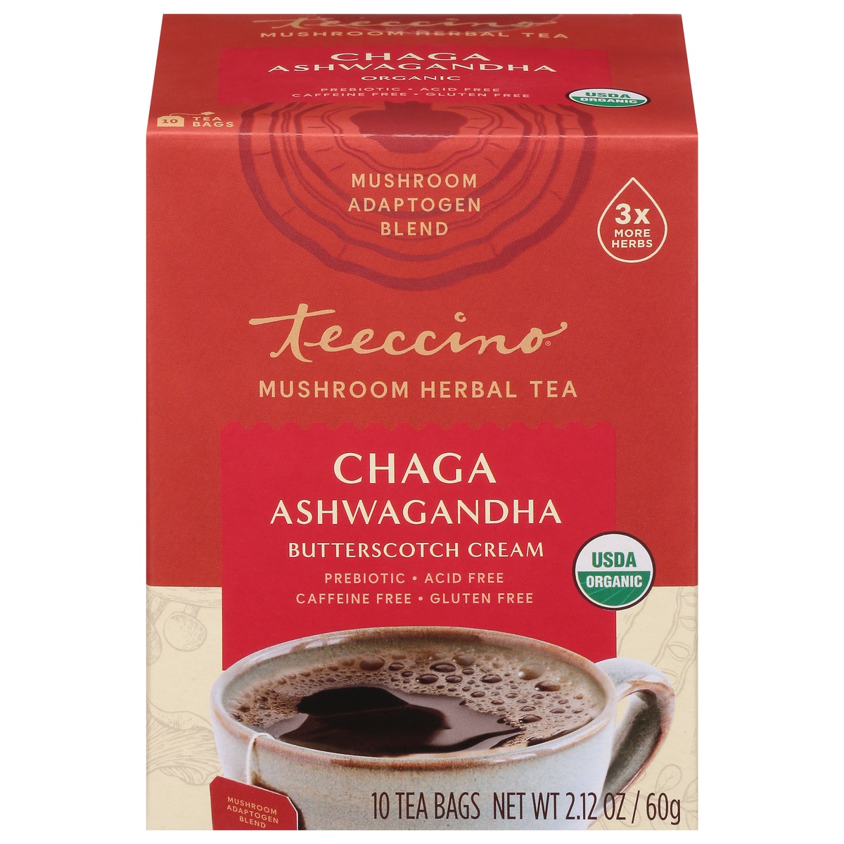 slide 1 of 1, Teeccino Chaga Ashwagandha Mushroom Herbal Tea Bags, 10 ct
