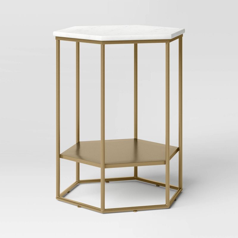 slide 1 of 7, Geometric Luxe Hex Accent Table: White Stone Top, No Assembly - Threshold™, 1 ct
