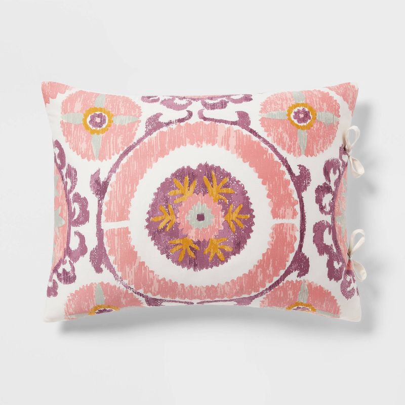 slide 4 of 5, Full/Queen Suzani Print Comforter and Sham Set Ivory/Salmon Orange/Plum Red/Mustard - Threshold™: 310 Thread Count, Cotton Sateen, 1 ct