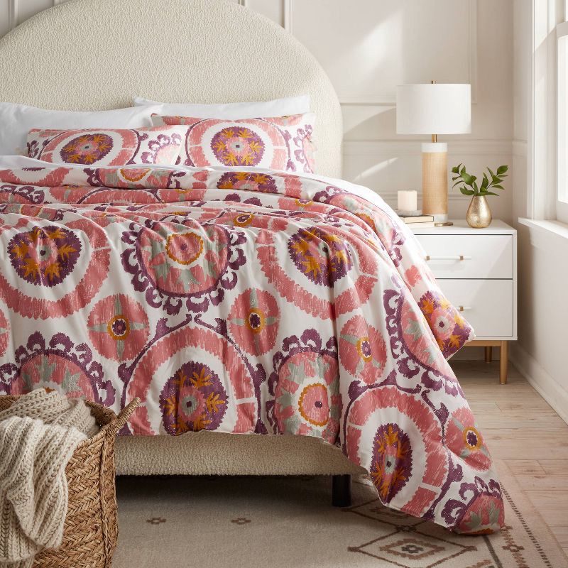 slide 1 of 5, Full/Queen Suzani Print Comforter and Sham Set Ivory/Salmon Orange/Plum Red/Mustard - Threshold™: 310 Thread Count, Cotton Sateen, 1 ct