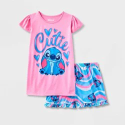 Girls' Lilo & Stitch 'Cutie' 2pc Short Sleeve Top and Shorts Pajama Set - Pink/Blue S